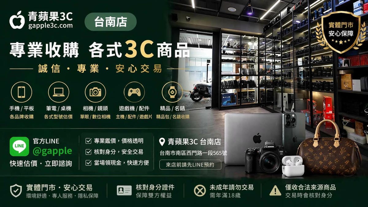 青蘋果3C台南店專業收購宣傳圖。背景為明亮寬敞的實體門市玻璃展示櫃，前方展示了iPhone、蘋果筆電、Canon單眼相機與LV精品包。我們提供透明專業的實體門市鑑價服務，是顧客搜尋 [台南高價收購手機]、[台南二手電腦收購] 與 [台南二手相機收購] 的安心首選。圖片清楚標示四大保證：專業鑑價價格透明、安全交易、當場領現金、僅收合法來源商品。收購項目涵蓋手機、筆電、相機鏡頭、遊戲機及精品名錶（特別注意：精品包款與高價名錶必須附帶原廠保卡與原廠盒裝，若缺保卡或盒裝恕不收購）。我們嚴格執行「核對身分」流程以保障雙方權益，歡迎前往台南市南區西門路一段565號門市，或加入官方 LINE ID @gapple 立即諮詢預約。