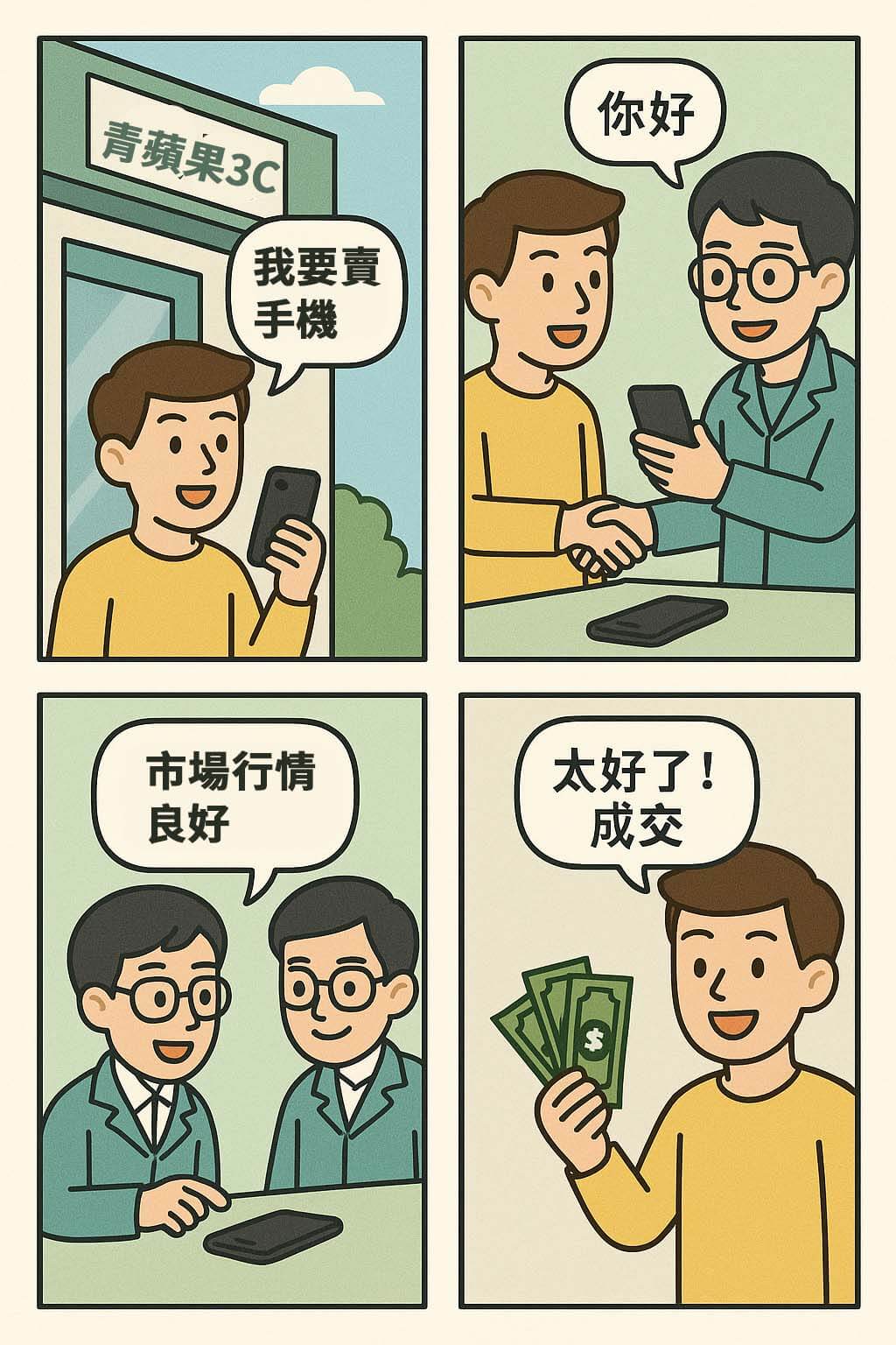 手機收購流程四格漫畫|青蘋果3C