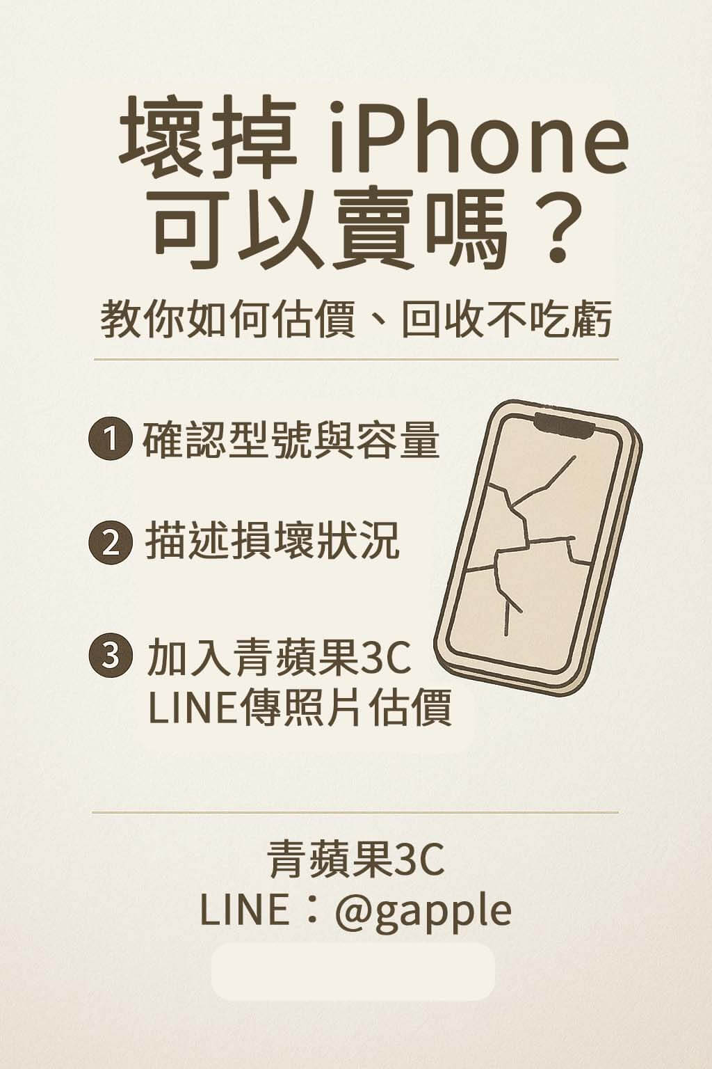 ▲ 常見壞掉 iPhone 狀況：充電孔生鏽、背板碎裂、螢幕破損等皆可估價