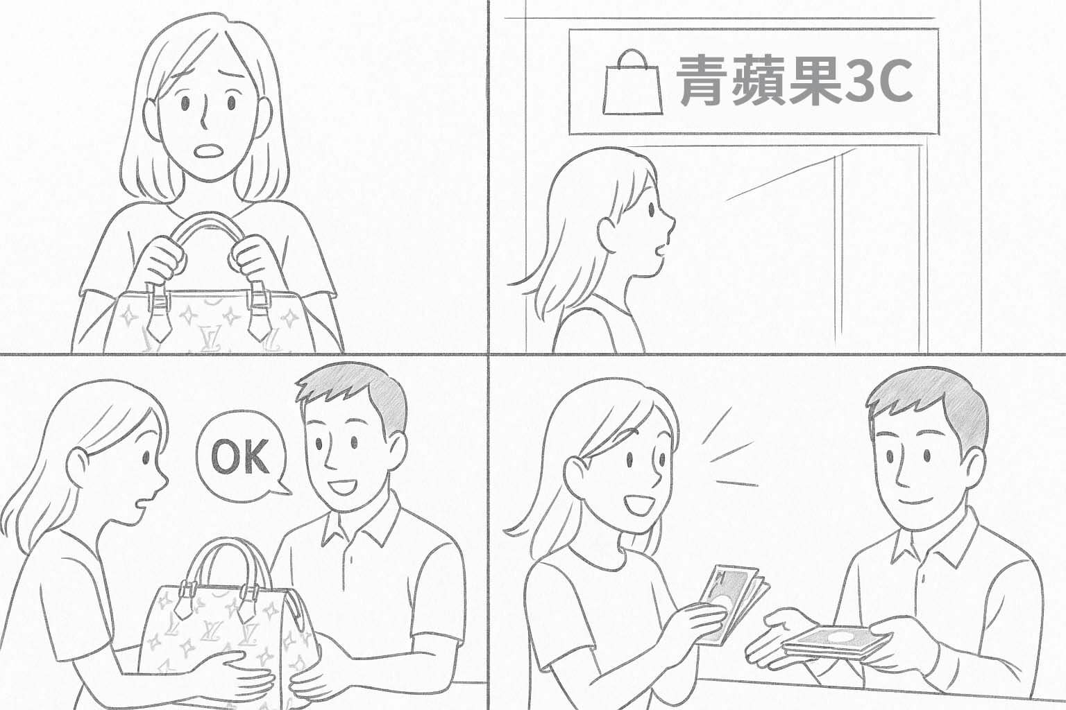 四格漫畫草圖：青蘋果3C 高雄門市回收 LV 包流程說明