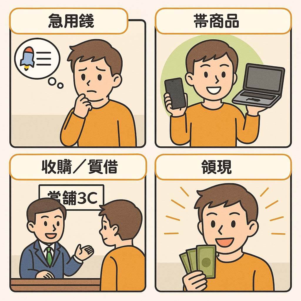 急用錢怎麼辦?3C 收購 vs 質借差異完整解析|青蘋果3C - 第3張圖 青蘋果3C 當鋪3C借款收購 vs 質借四格漫畫流程