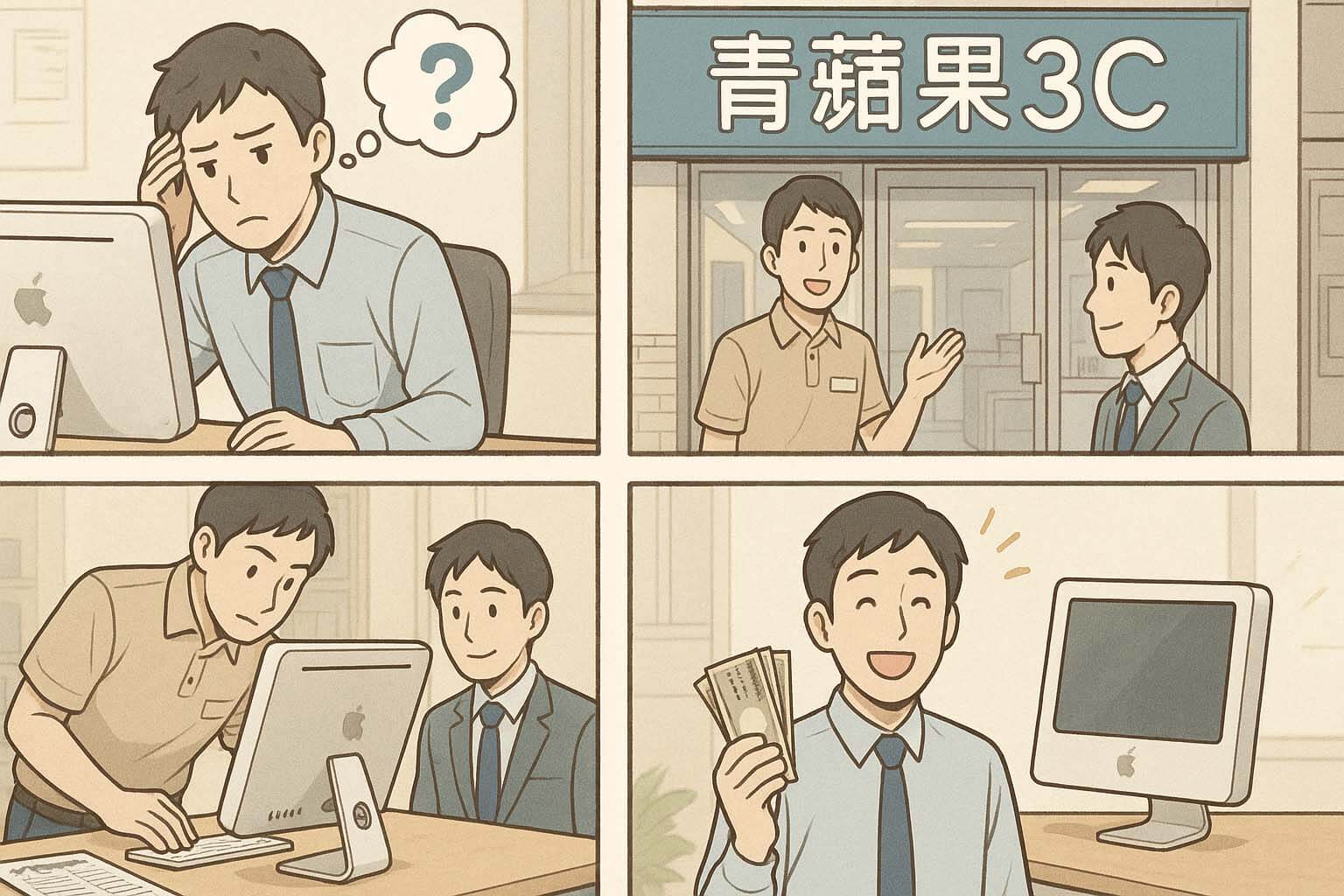 青蘋果3C iMac 收購四格漫畫流程（帶機→檢測→報價→領現）