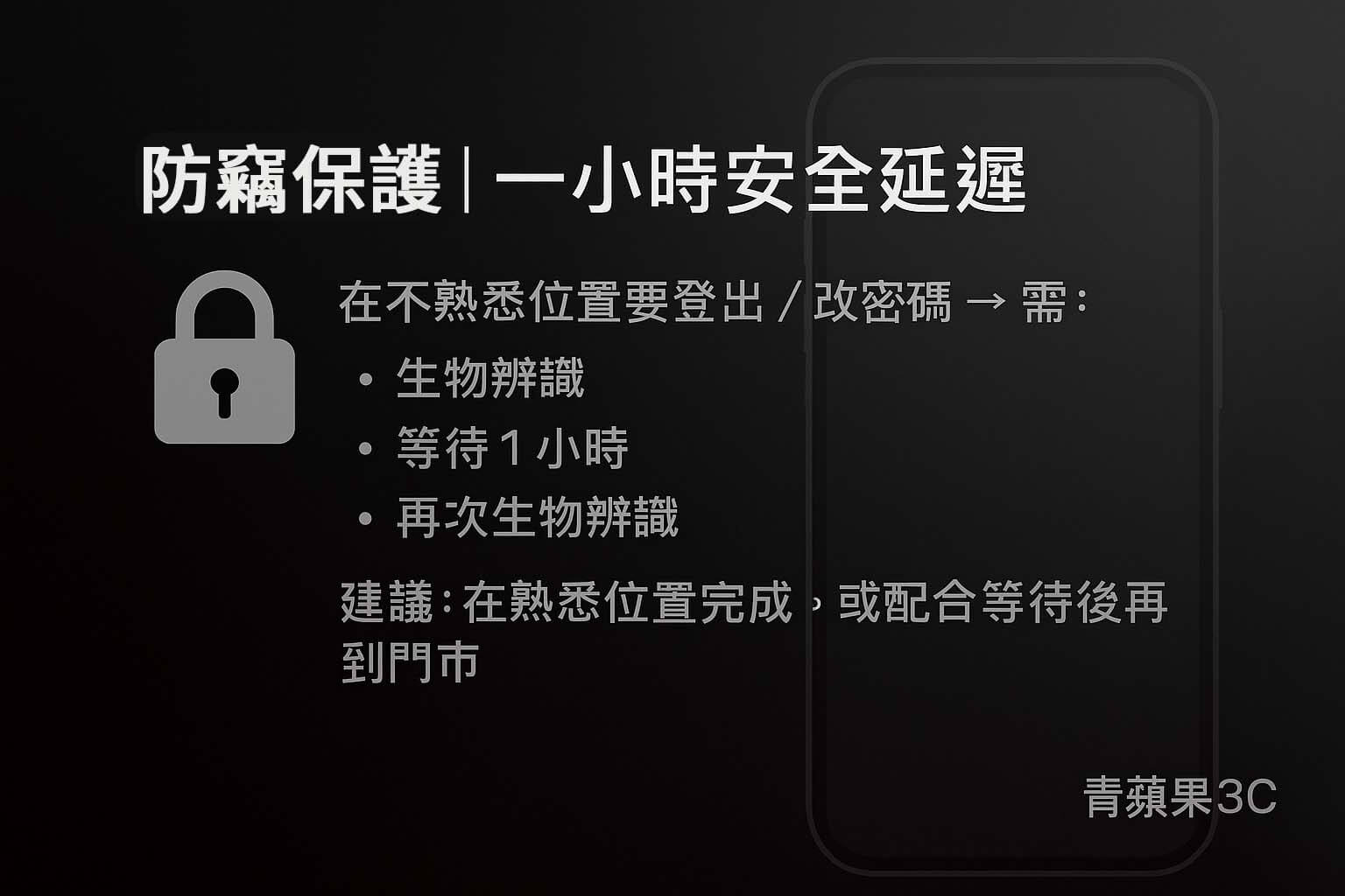 青蘋果3C iOS 防竊保護一小時安全延遲：不熟悉位置登出或改密碼需生物辨識、等待一小時再辨識