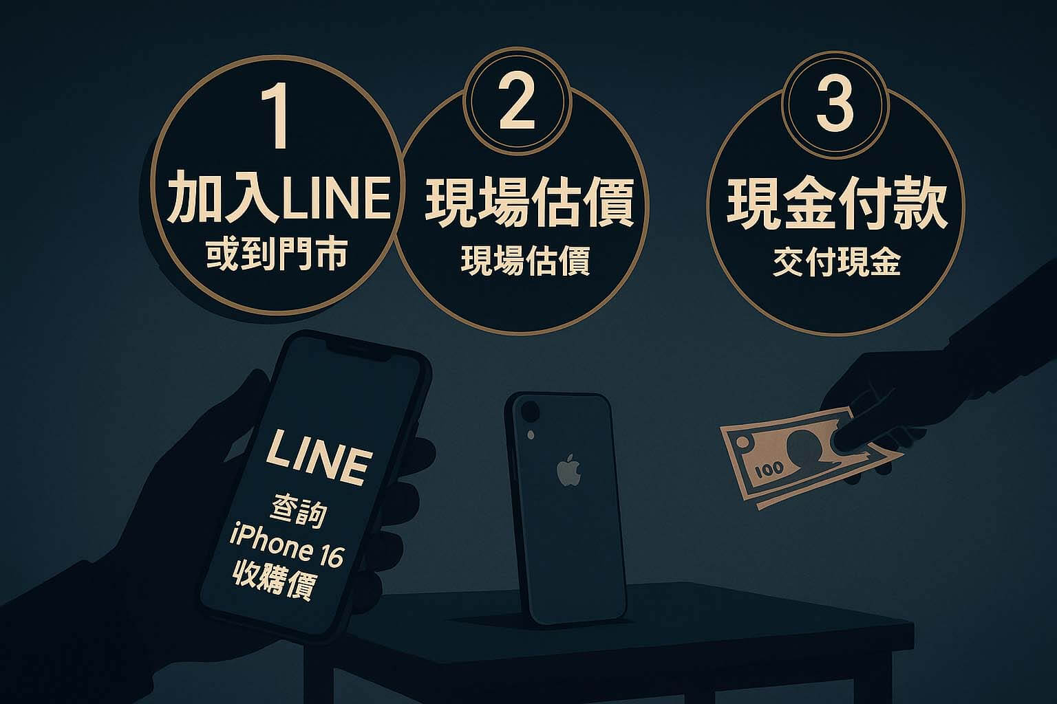iPhone 16 收購價該怎麼查?2025 熱門 iPhone 型號+二手收購服務說明 - 第1張圖 iPhone 16 收購流程圖卡,步驟包含加入LINE或到門市、現場估價、當場現金付款,青蘋果3C台中台南高雄三店門市