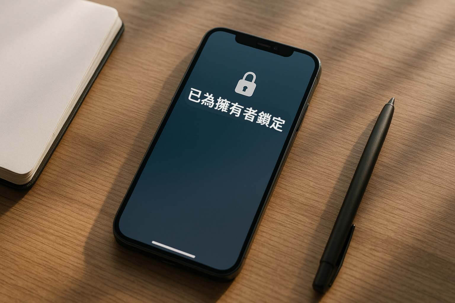 青蘋果3C iPhone 已為擁有者鎖定情境示意圖（桌面實景，無個資）