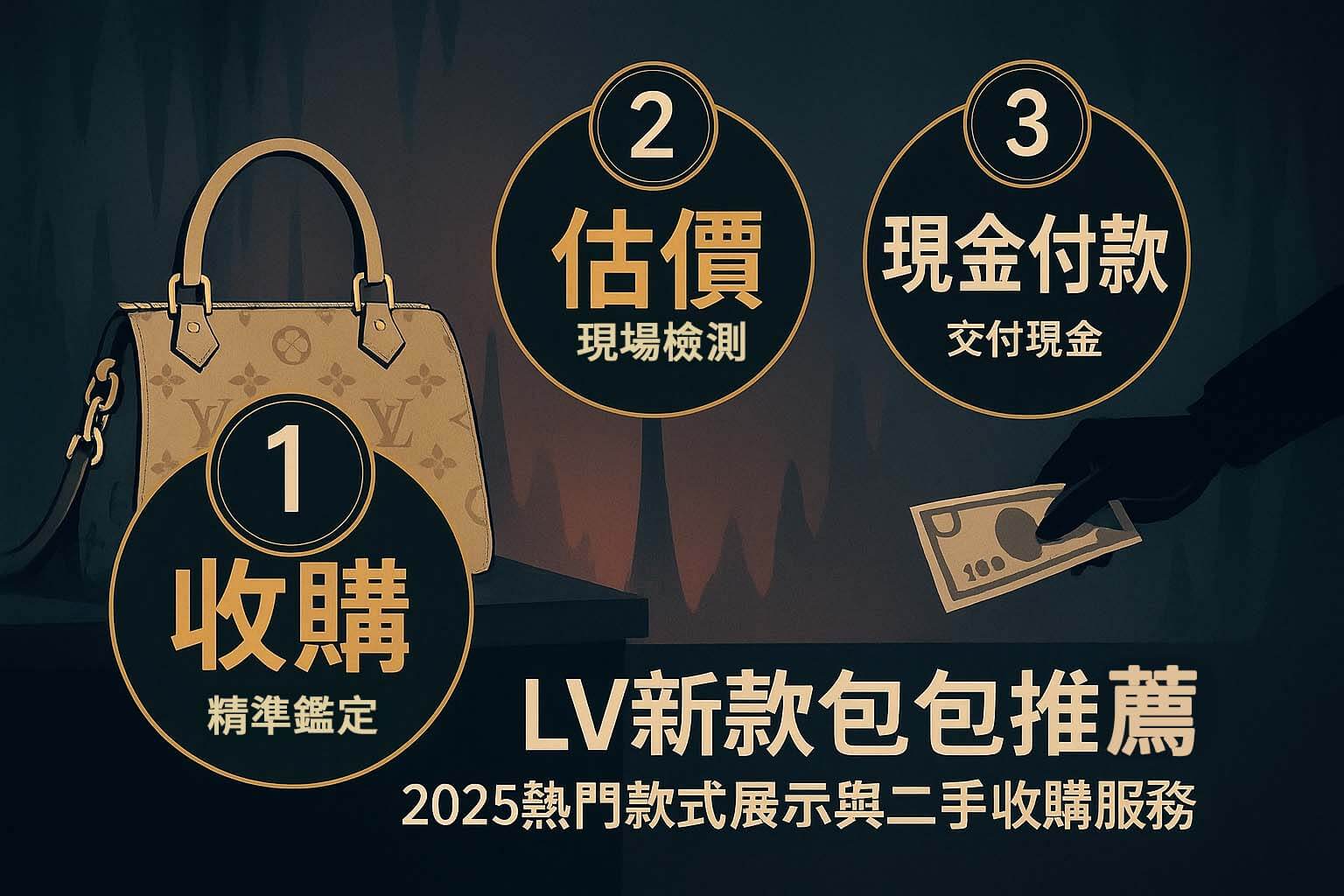 LV 新款包包推薦|2025 熱門款式整理+二手收購服務 - 第1張圖 名牌包收購流程圖卡,步驟包含收購、現場估價、現金付款,需附原廠保卡與盒裝,青蘋果3C台中台南高雄三店門市