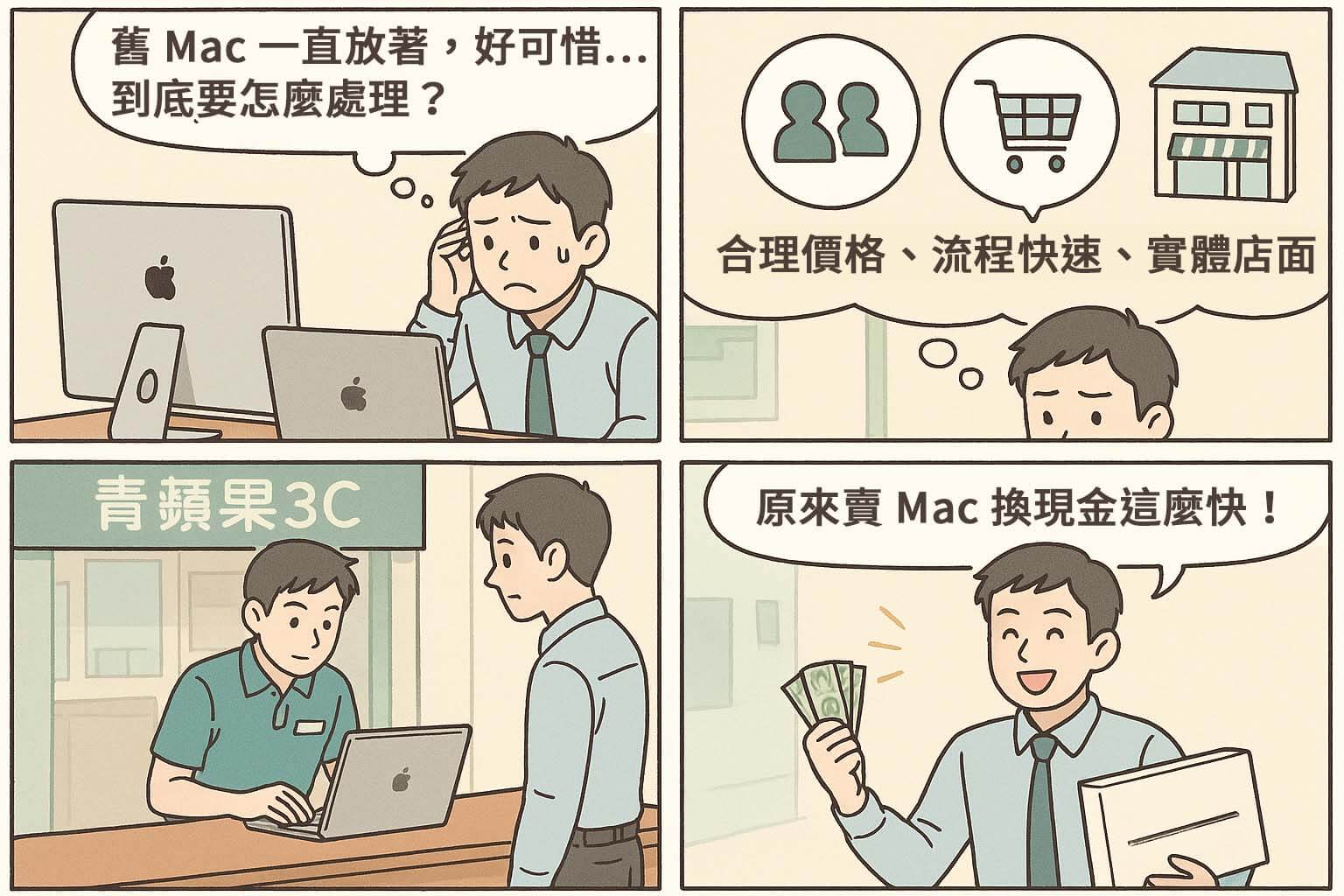 青蘋果3C Mac 收購四格漫畫流程（煩惱 → 比較 → 檢測 → 領現）