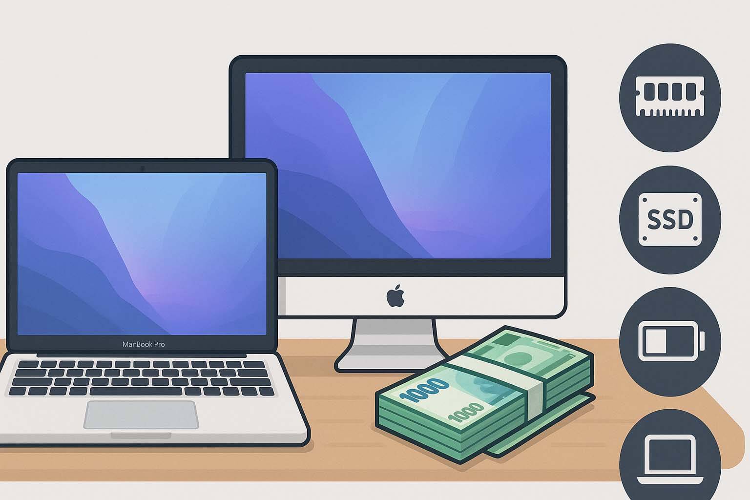 青蘋果3C Mac 收購價格估價因子示意圖（資訊圖表風格）
