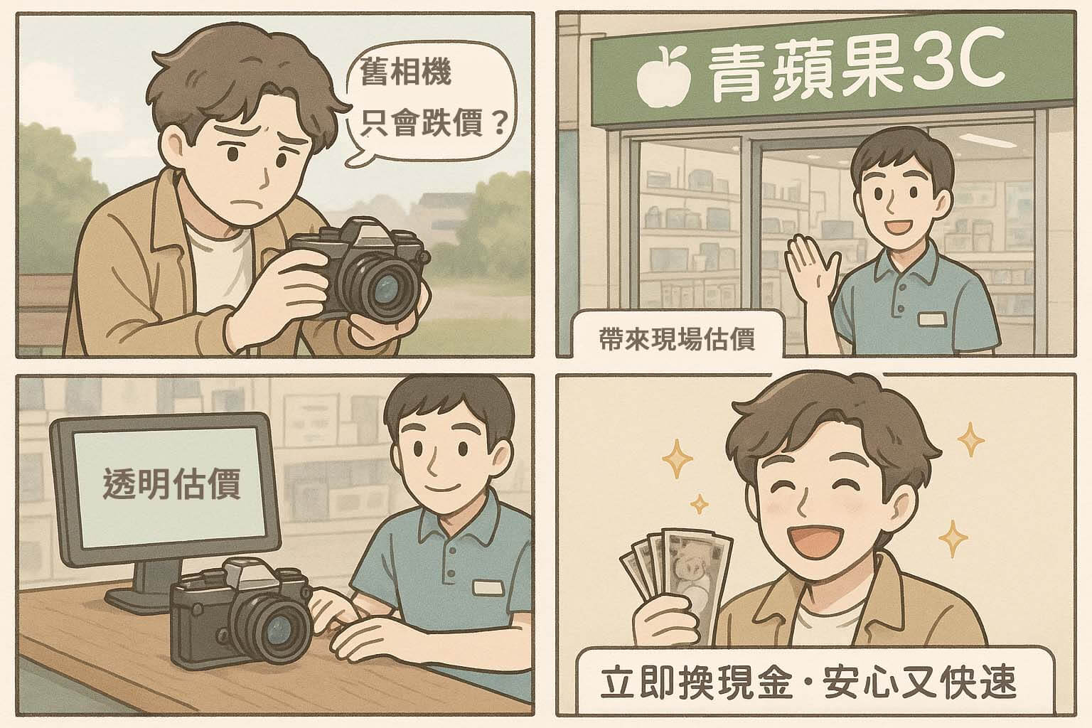 青蘋果3C 二手相機收購四格漫畫｜從舊相機到現金的流程故事