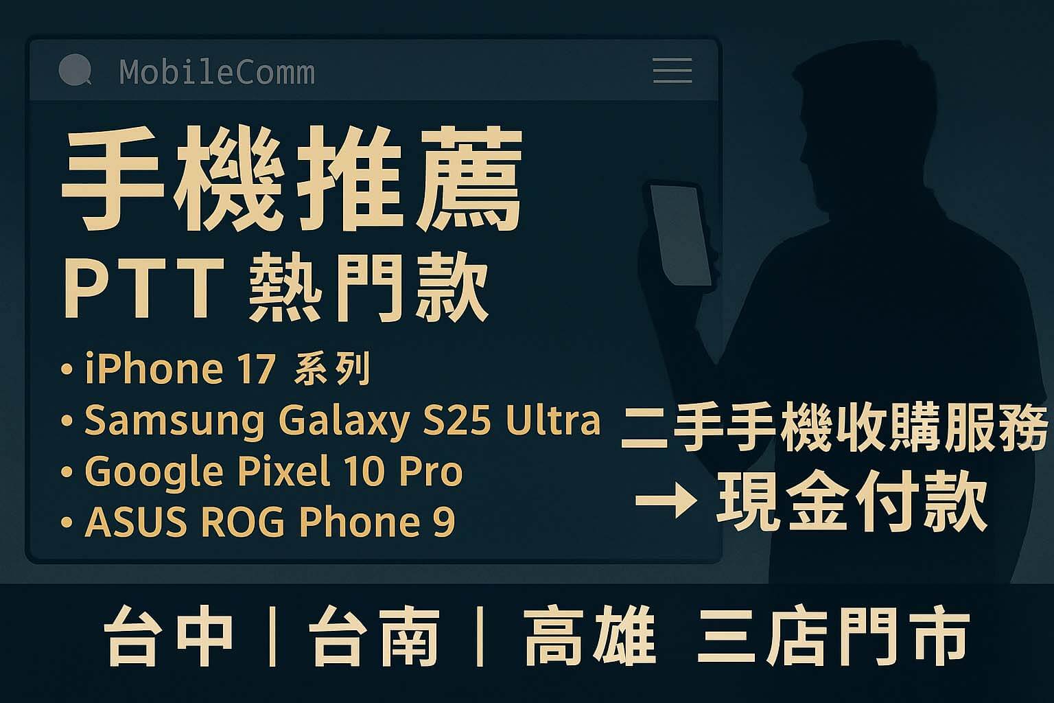 手機推薦PTT熱門款，包含iPhone 17、Samsung Galaxy S25 Ultra、Pixel 10 Pro、ROG Phone 9，青蘋果3C二手手機收購服務