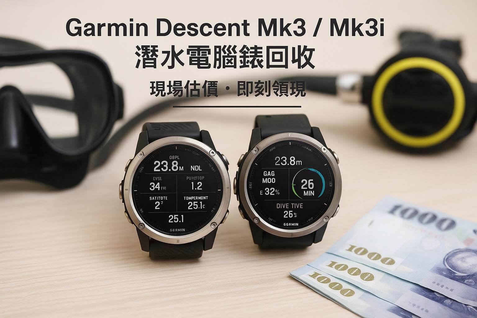 青蘋果3C Garmin Descent Mk3 Mk3i 潛水電腦錶回收估價｜AMOLED 潛水錶與現金擺拍主視覺