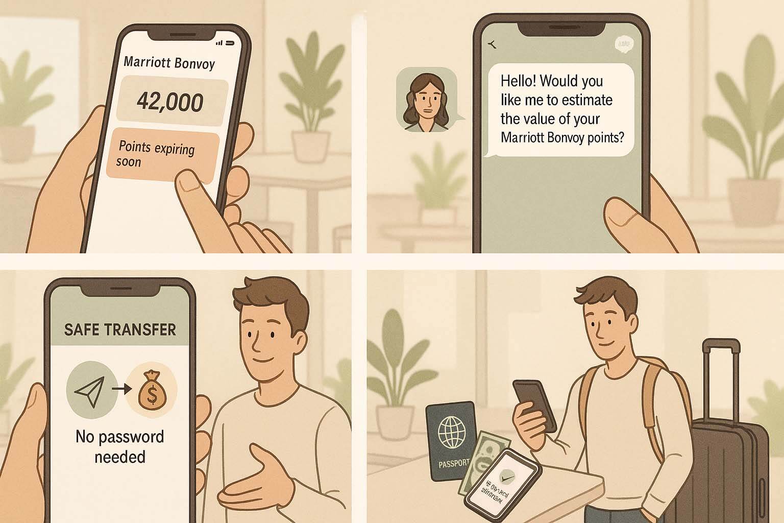 Marriott Bonvoy 點數即將到期四格漫畫，展示用戶加入 LINE 估價、官方轉點流程與入帳完成的情境。