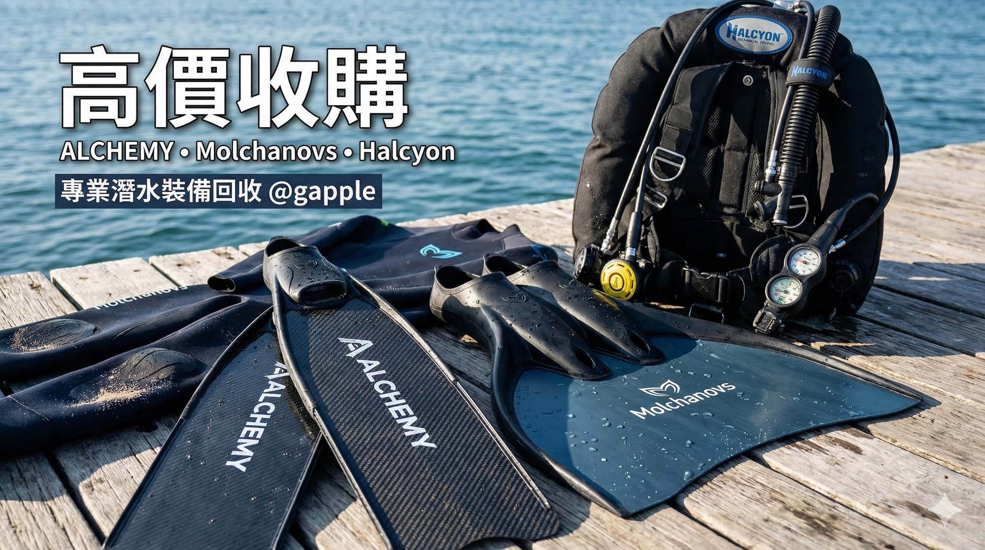 青蘋果3C ALCHEMY Molchanovs Halcyon 潛水裝備與碳纖維長蛙鞋收購現場估價示意圖