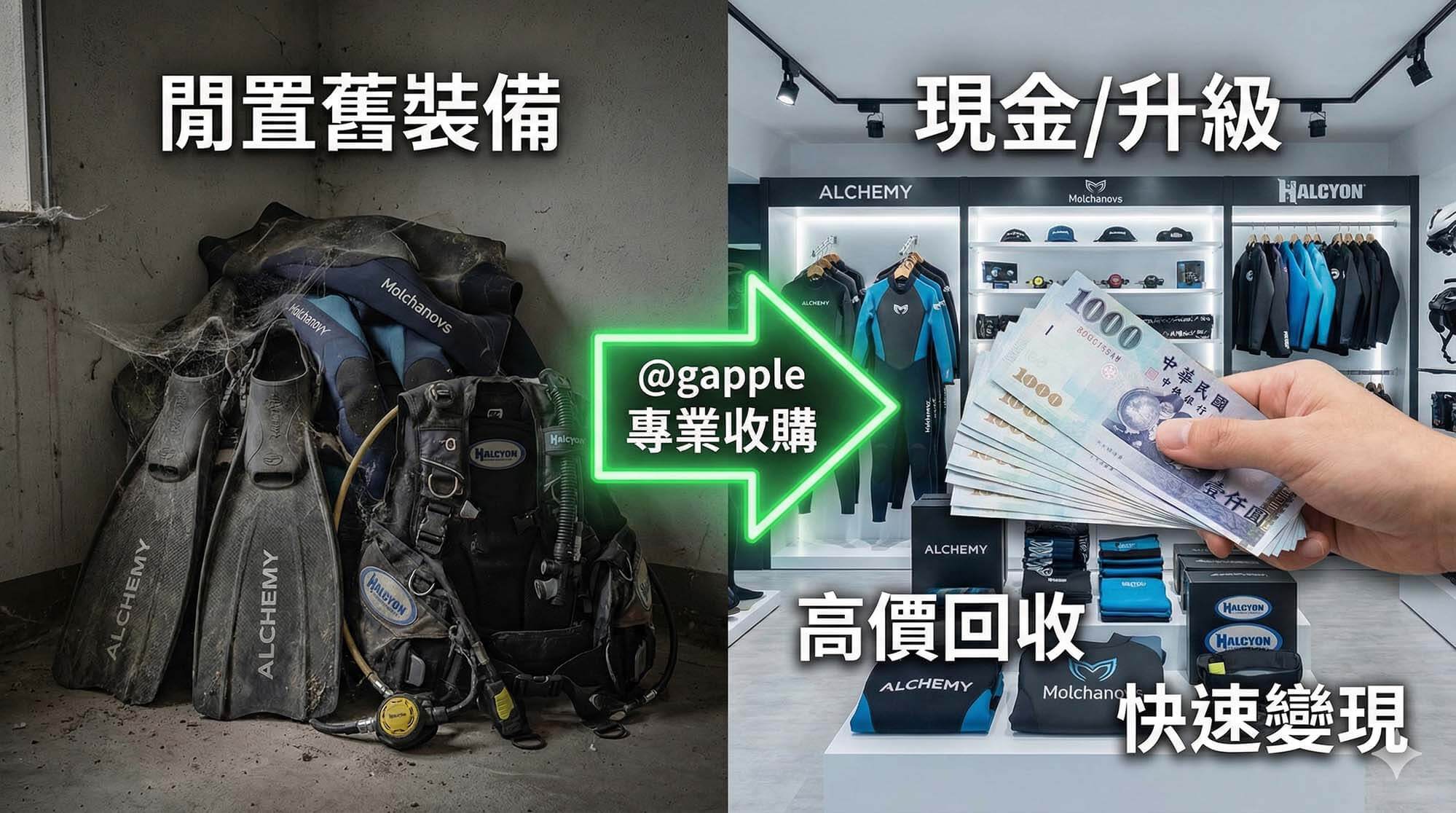 青蘋果3C ALCHEMY Molchanovs Halcyon 潛水裝備與碳纖維長蛙鞋收購現場估價示意圖