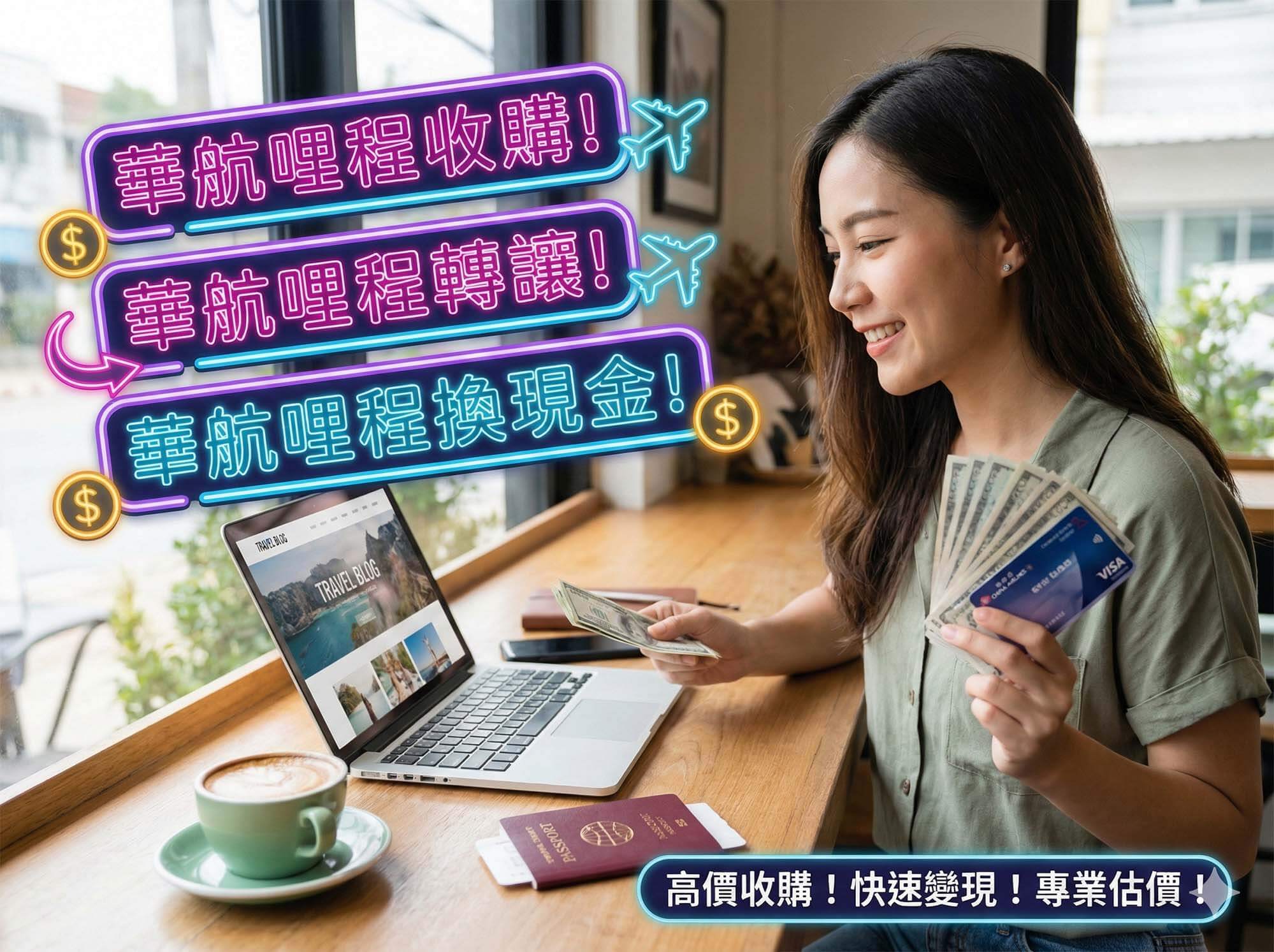 青蘋果3C 現代化的實體門市櫃台，桌面上放著華航會員卡與現金，背景模糊顯示台中/台南/高雄的地標，象徵在地化與安全的哩程交易 / Modern Green Apple 3C