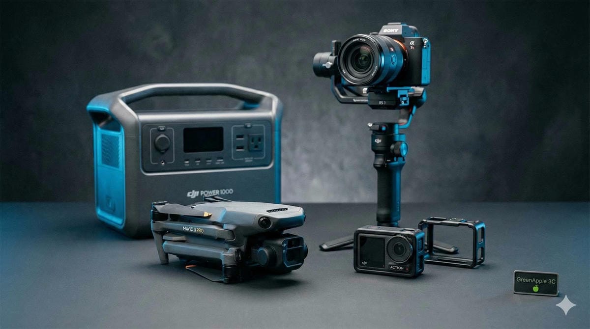 DJI 全生態系產品包含 Mavic 空拍機、Osmo Action 運動相機與 Power 1000 戶外電源陳列於科技感桌面上 (DJI ecosystem products including Mavic drone, Osmo Action camera, and Power 1000 station displayed on a high-tech desk).