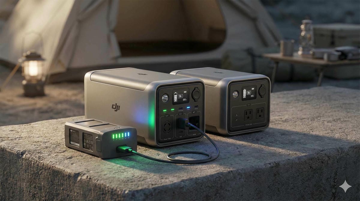 DJI Power 1000 與 Power 500 戶外電源並排陳列，前方放置正連接 SDC 線材的 Mavic 3 電池 (DJI Power 1000 and Power 500 outdoor power stations displayed side by side, with a Mavic 3 battery connected via SDC cable in the foreground).