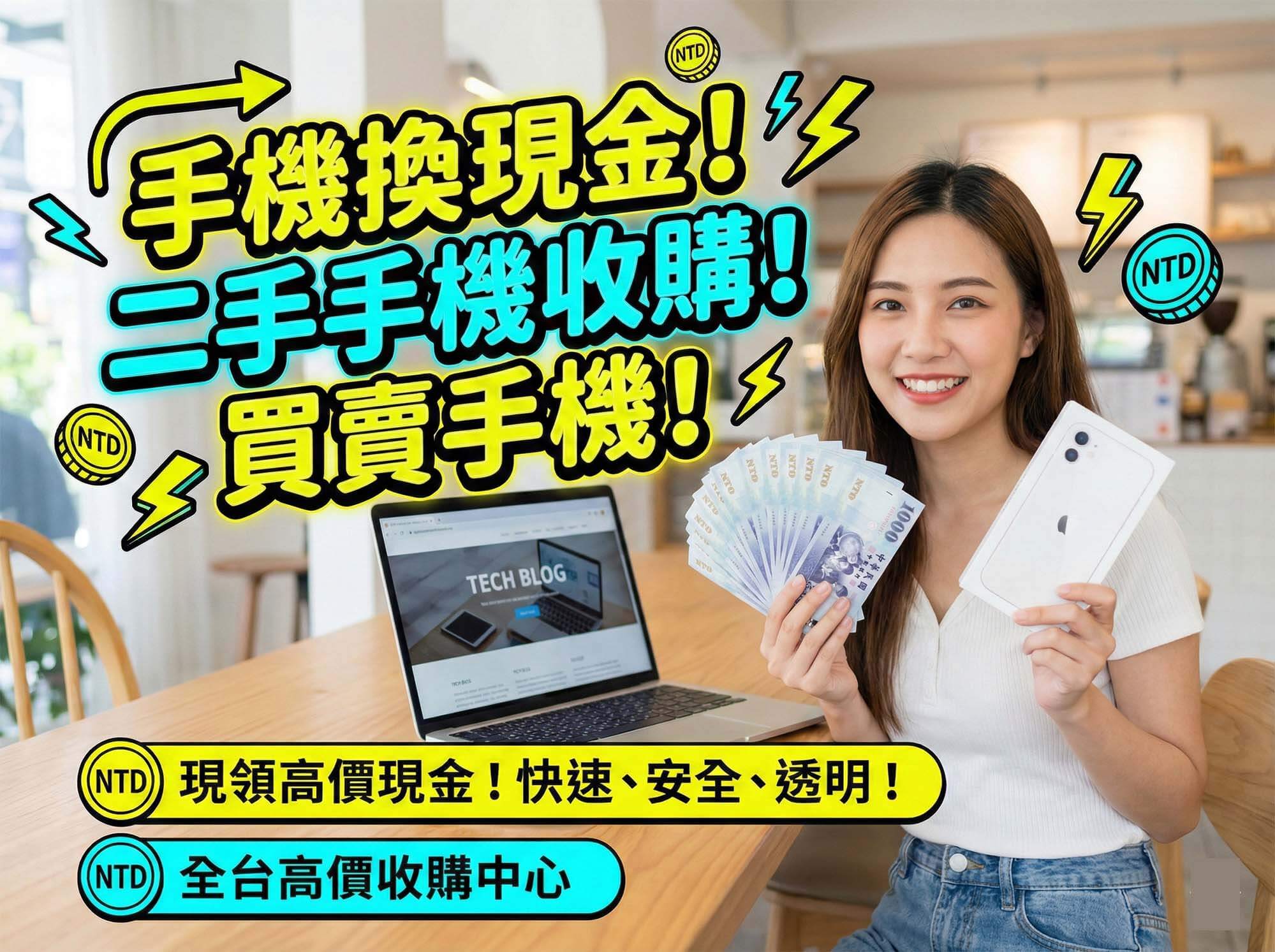 青蘋果3C手機換現金服務展示iPhone與現金交易概念 / Green Apple 3C mobile for cash service featuring iPhone and cash transaction concept.
