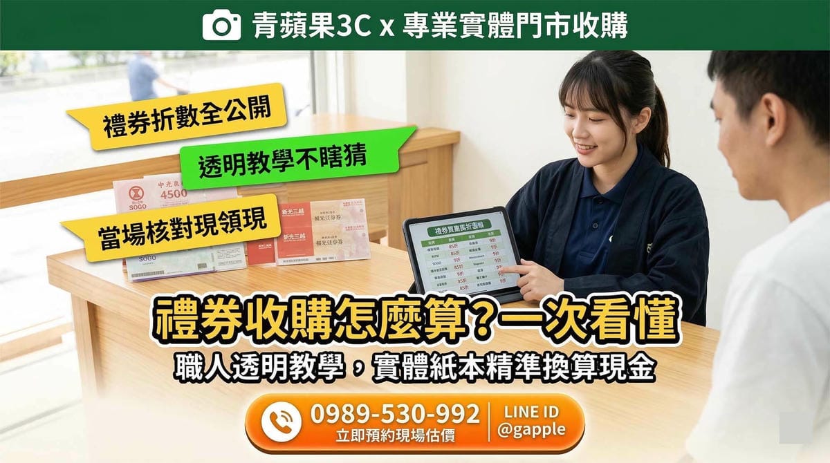 青蘋果3C實體門市專業女鑑定師透過平板電腦，向顧客公開解說各品牌實體紙本禮券的收購折數。木質桌面上擺放著SOGO與新光三越禮券，畫面字卡強調「禮券折數全公開」、「透明教學不瞎猜」。主打職人透明教學，精準換算現金，完成核對身分後當場領現，提供安全可靠的票券估價服務。