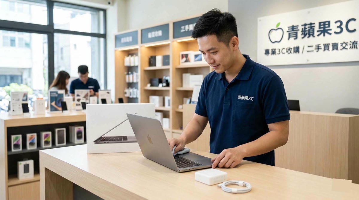 關於青蘋果3C - 第4張圖 青蘋果3C專業人員正在實體門市檢測二手 MacBook Pro,準備進行現金收購 (Green Apple 3C professional staff inspecting a used MacBook Pro at a physical store, preparing for a cash purchase.)