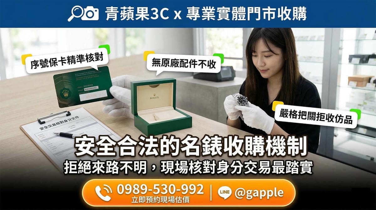 青蘋果3C頂級名錶收購，職人於實體門市現場鑑賞 Rolex 與 Omega，並查驗原廠保卡與盒裝