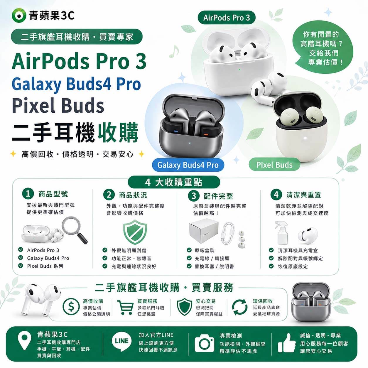 專業職人於具備高科技暗黑質感的實體門市中，佩戴專業手套與工具，為顧客的二手 AirPods Pro 3 與 Galaxy Buds4 Pro 進行精準的功能檢測與現金估價