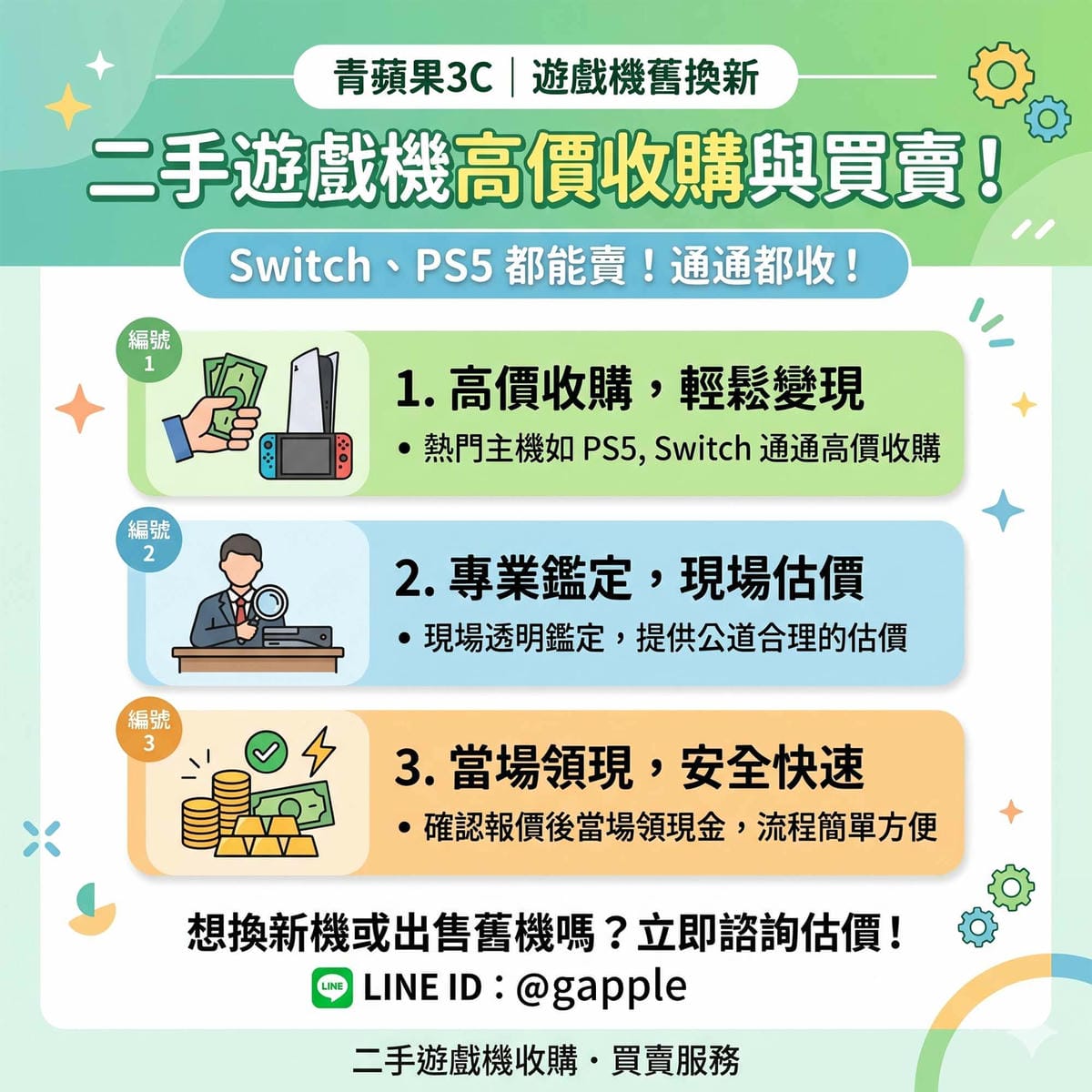 專業職人於具備高科技暗黑質感的實體門市中，針對 Joy-Con 飄移的 Switch 與蘑菇頭破損的 PS5 進行客觀的二手遊戲機故障品回收評估與現金估價