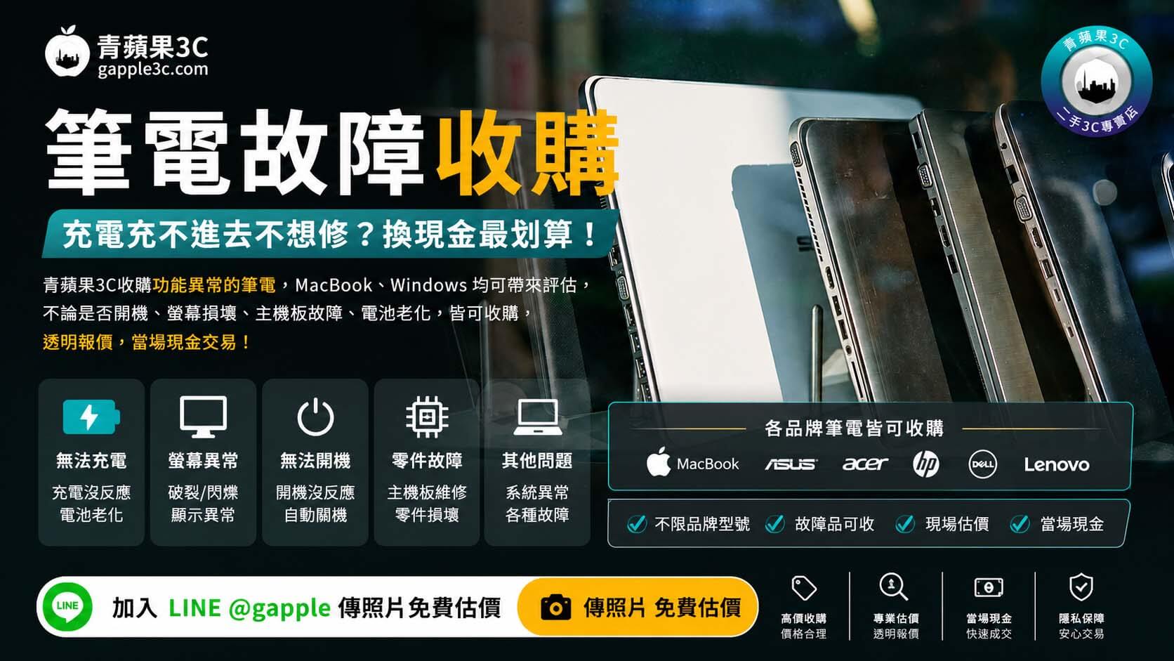 故障筆電放在桌上，充電線插上但充電燈未亮，準備評估是否回收換現金