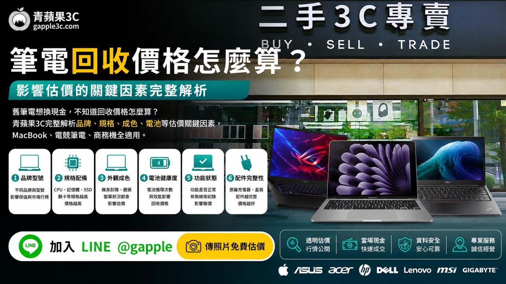 青蘋果3C筆電回收估價現場，鑑定師檢視筆電規格與外觀狀況