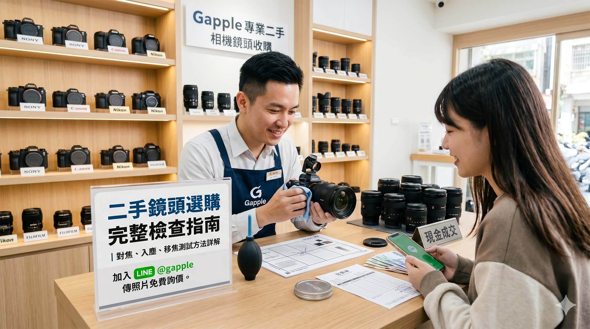 二手鏡頭選購完整檢查指南|鑑定師教你看對焦、入塵、移焦,買前不踩雷 - 第1張圖 二手鏡頭選購檢查示範,攝影師將鏡頭對準光源檢視光學狀況