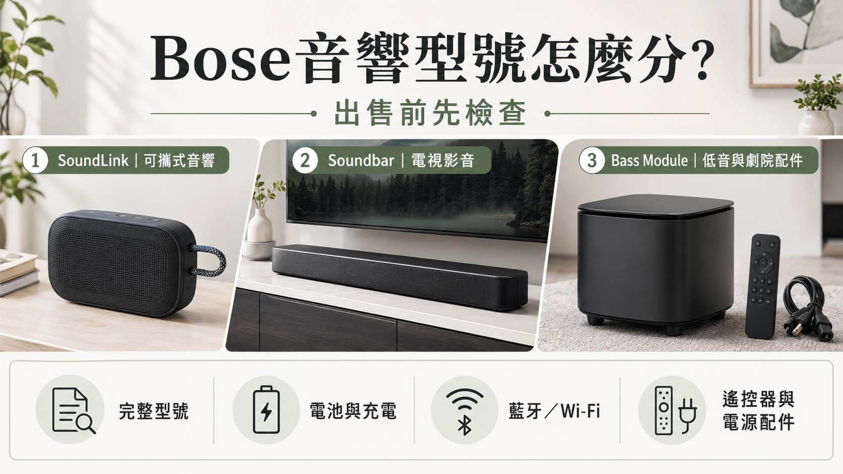 桌面擺放可攜式藍牙喇叭、長條形Soundbar、重低音與遙控器，圖示標示型號、電池、連線和配件檢查。