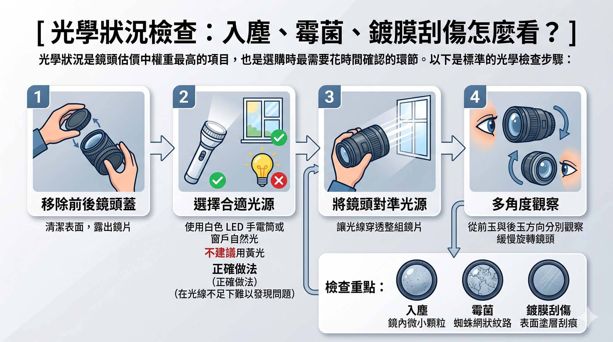[二手鏡頭光學狀況檢查教學] 信息圖表，詳細展示如何檢查入塵、霉菌和鍍膜刮傷。包含四個步驟：1. 移除前後鏡頭蓋；2. 選擇白色 LED 或窗戶自然光 (不建議黃光)；3. 將鏡頭對準光源；4. 多角度旋轉觀察。底部附有三個檢查重點圖示及描述：入塵（鏡內微小顆粒）、霉菌（蜘蛛網狀紋路）、鍍膜刮傷（表面塗層刮痕）。
